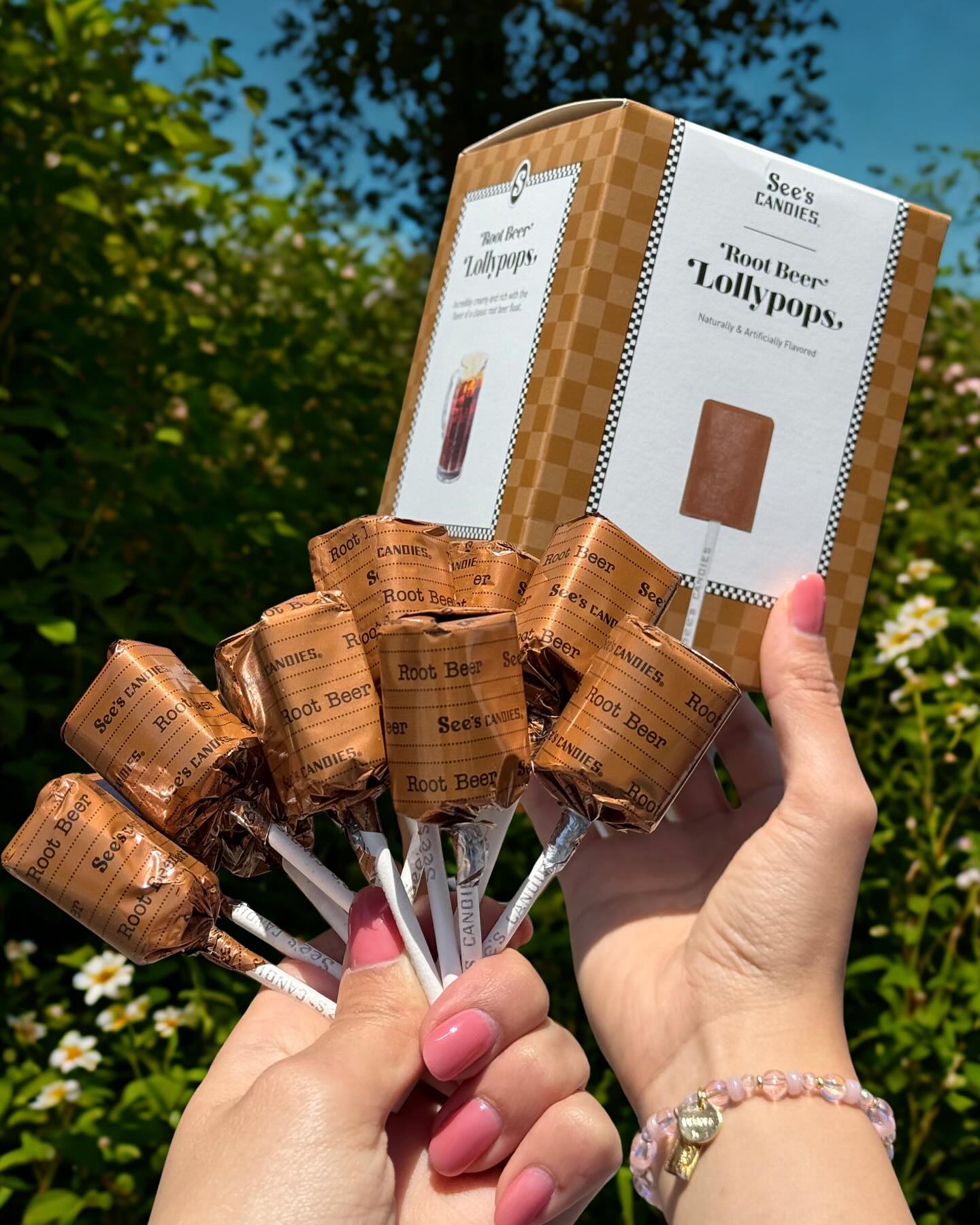 Bouquet of See's Candies Root Beer Lollipops held by two hands with a natural background.