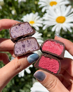 Chocolate-dipped treats with pink raspberry and purple blueberry filling held between fingers against a floral background