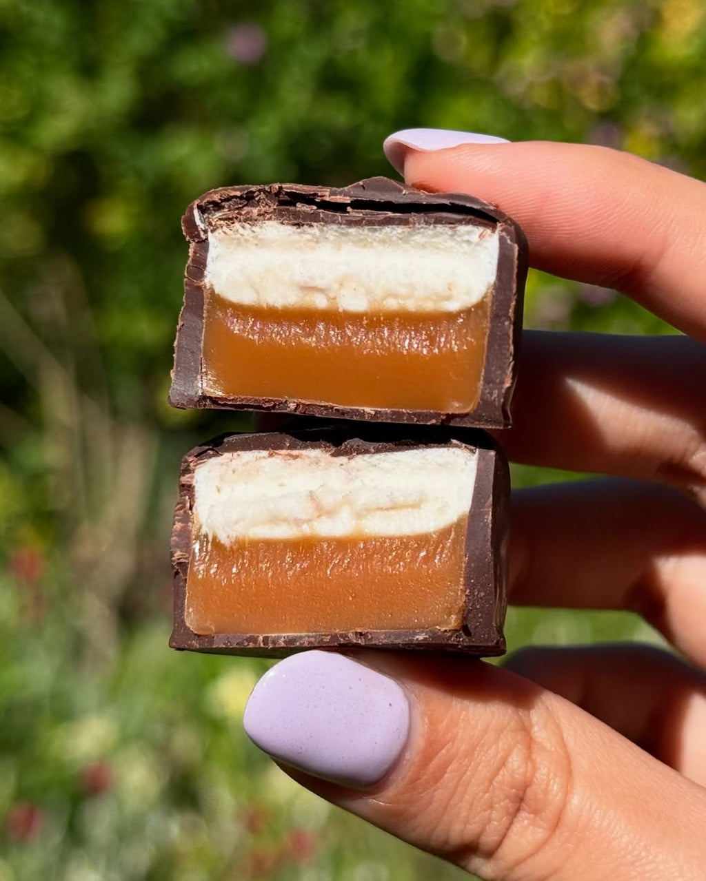 Hand holding two scotchmallow chocolate-covered caramel candies with a blurred green background