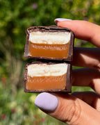 Hand holding two scotchmallow chocolate-covered caramel candies with a blurred green background