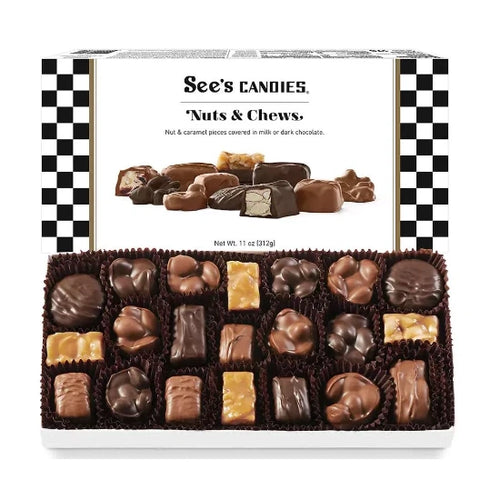 Box of See's Candies Nuts & Chews on a white background