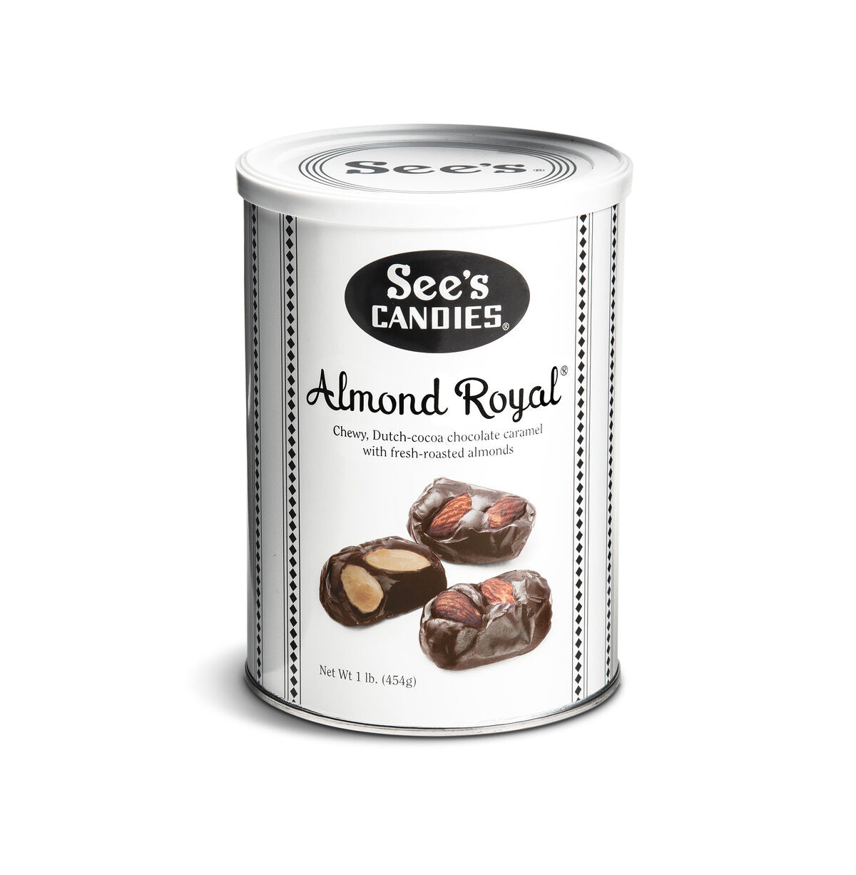 Almond Royal 1lb can of caramel and almonds on white background