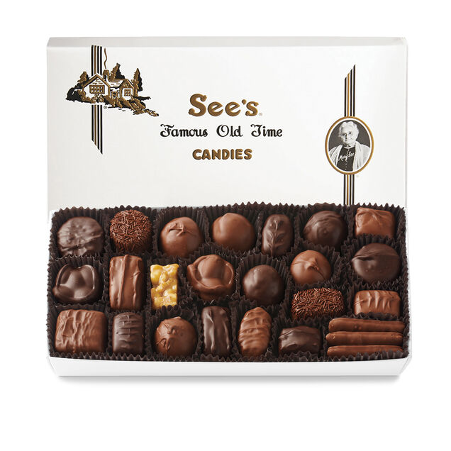 Box of See's Candies featuring a assorted chocolates on a white background