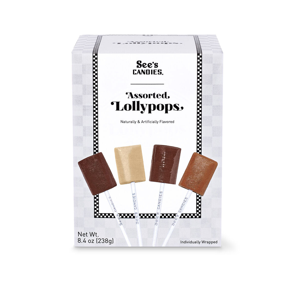 Box of See's Candies assorted lollypops on a white background