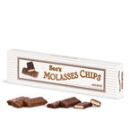 Box of See's Molasses Chips with chocolate-covered candies on a white background