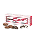 Box of See's Peppermints with peppermint candies displayed in front on a white background
