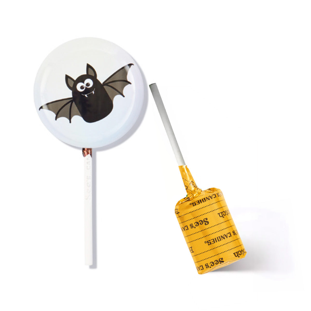 A Halloween-themed lollipop tin set on a white background, featuring  gold-wrapped butterscotch lollipop with a white stick.