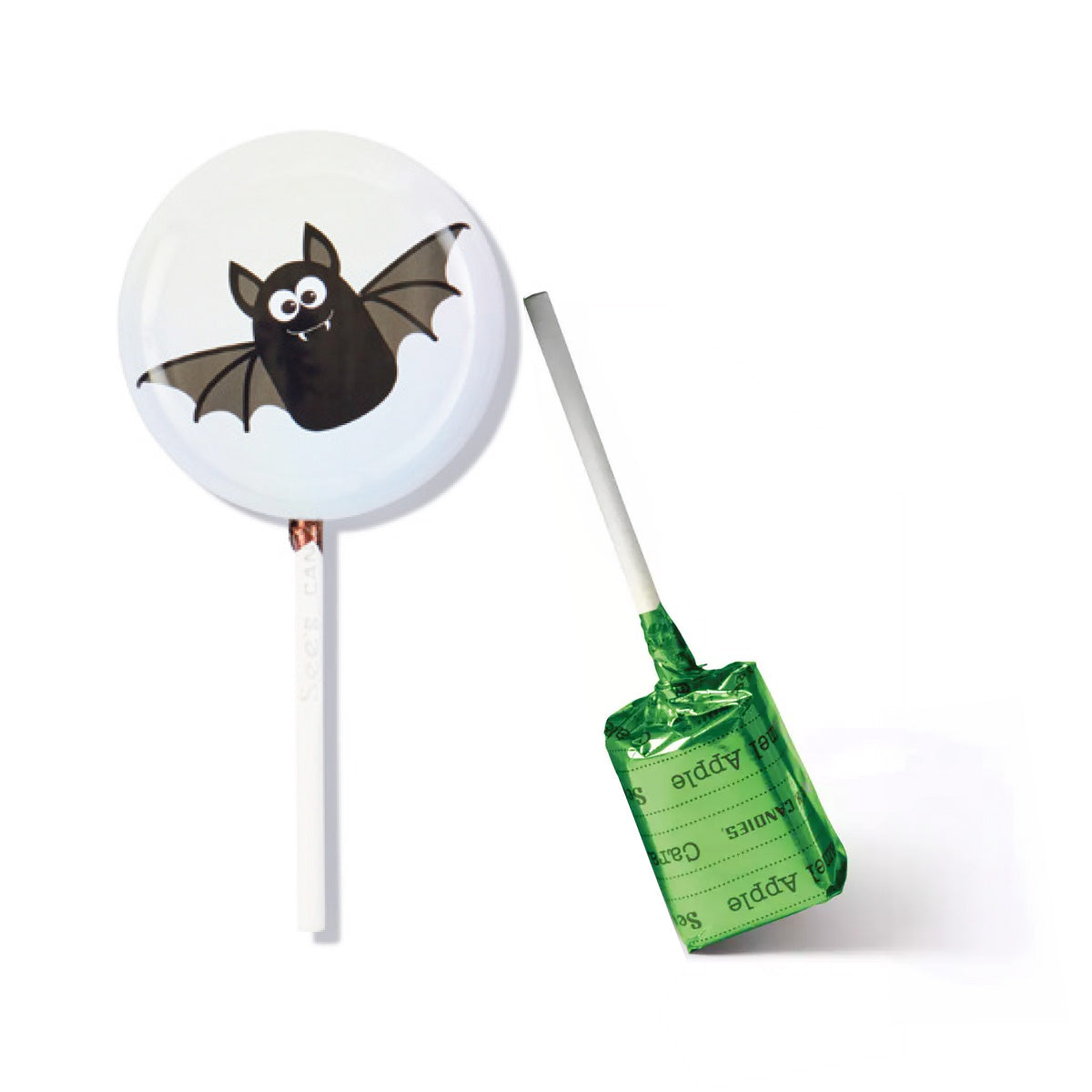 Bat lollypop saver tin with caramel apple lollypop on white background