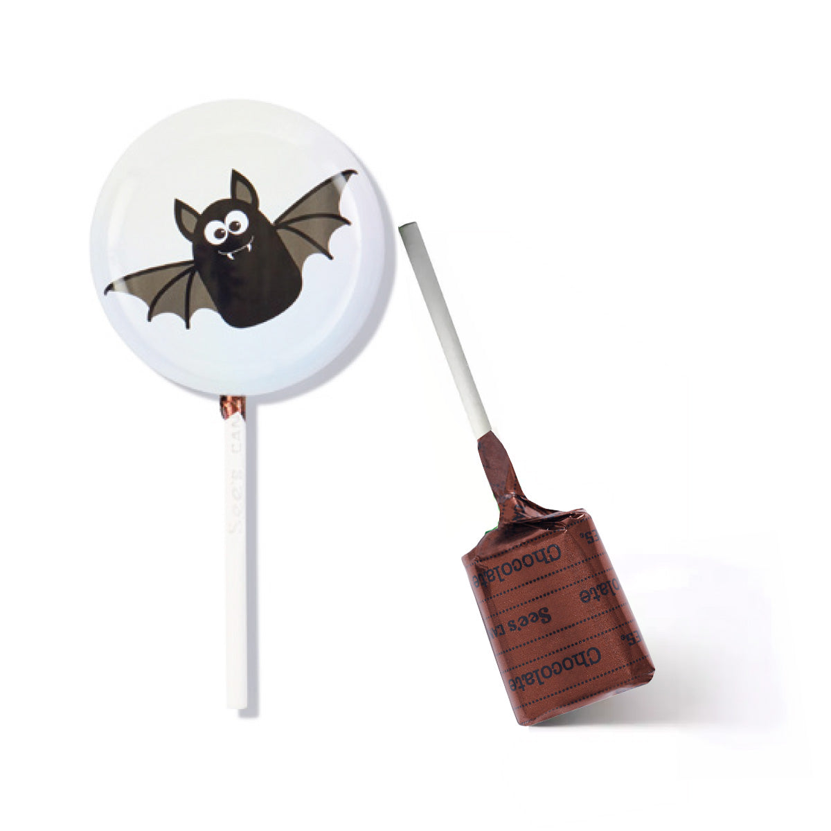 A Halloween-themed lollipop set featuring a round white lollipop with a black bat graphic and a wrapped chocolate lollipop with a brown wrapper printed with 'Chocolate' and 'Bite'.