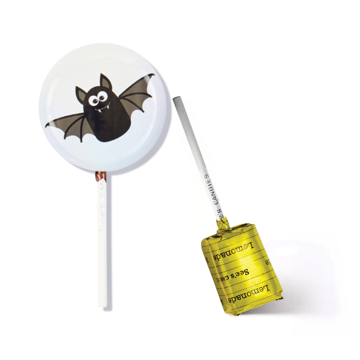 Bat lollypop saver tin with lemonade lollypop on white background