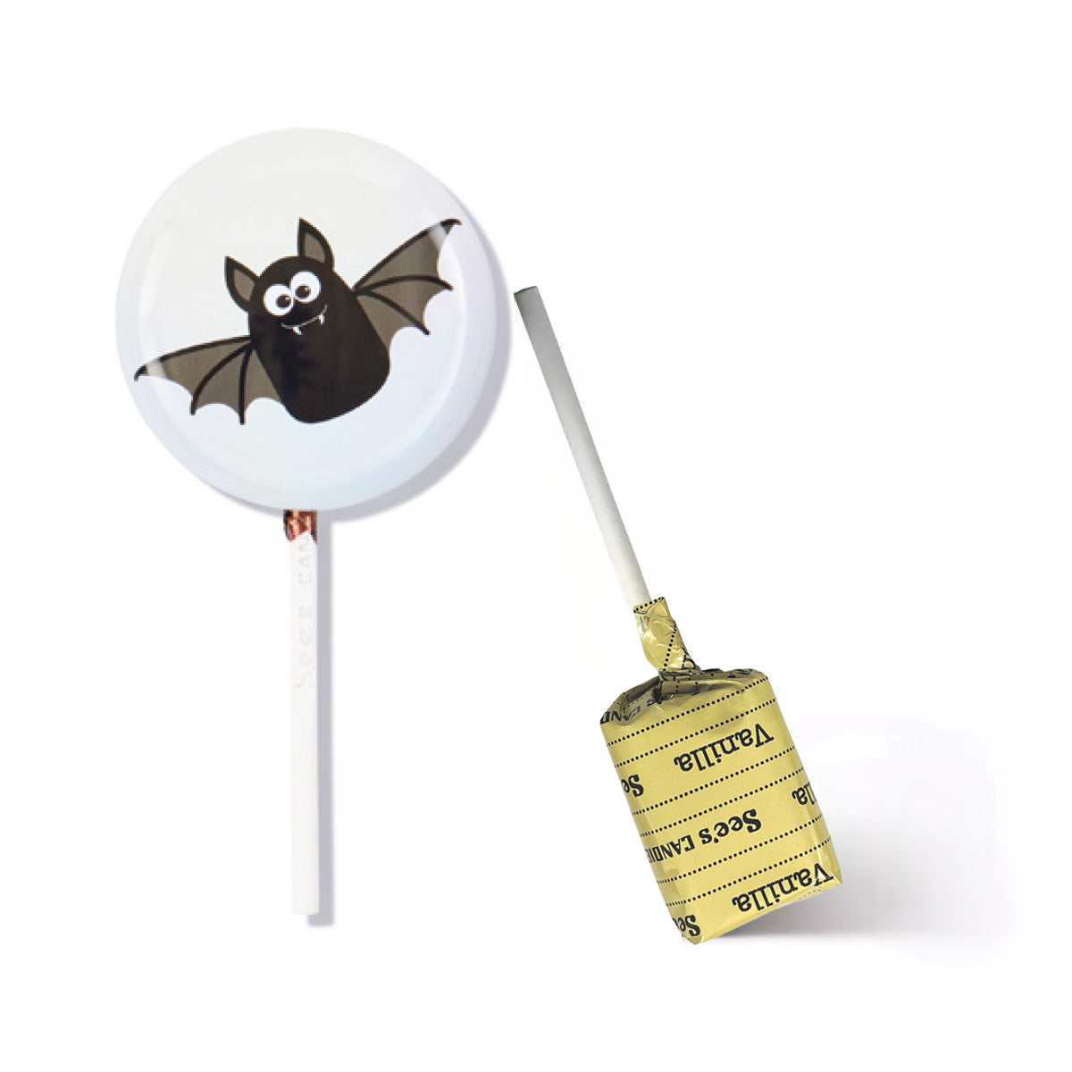 Bat lollypop saver tin with vanilla lollypop on white background.