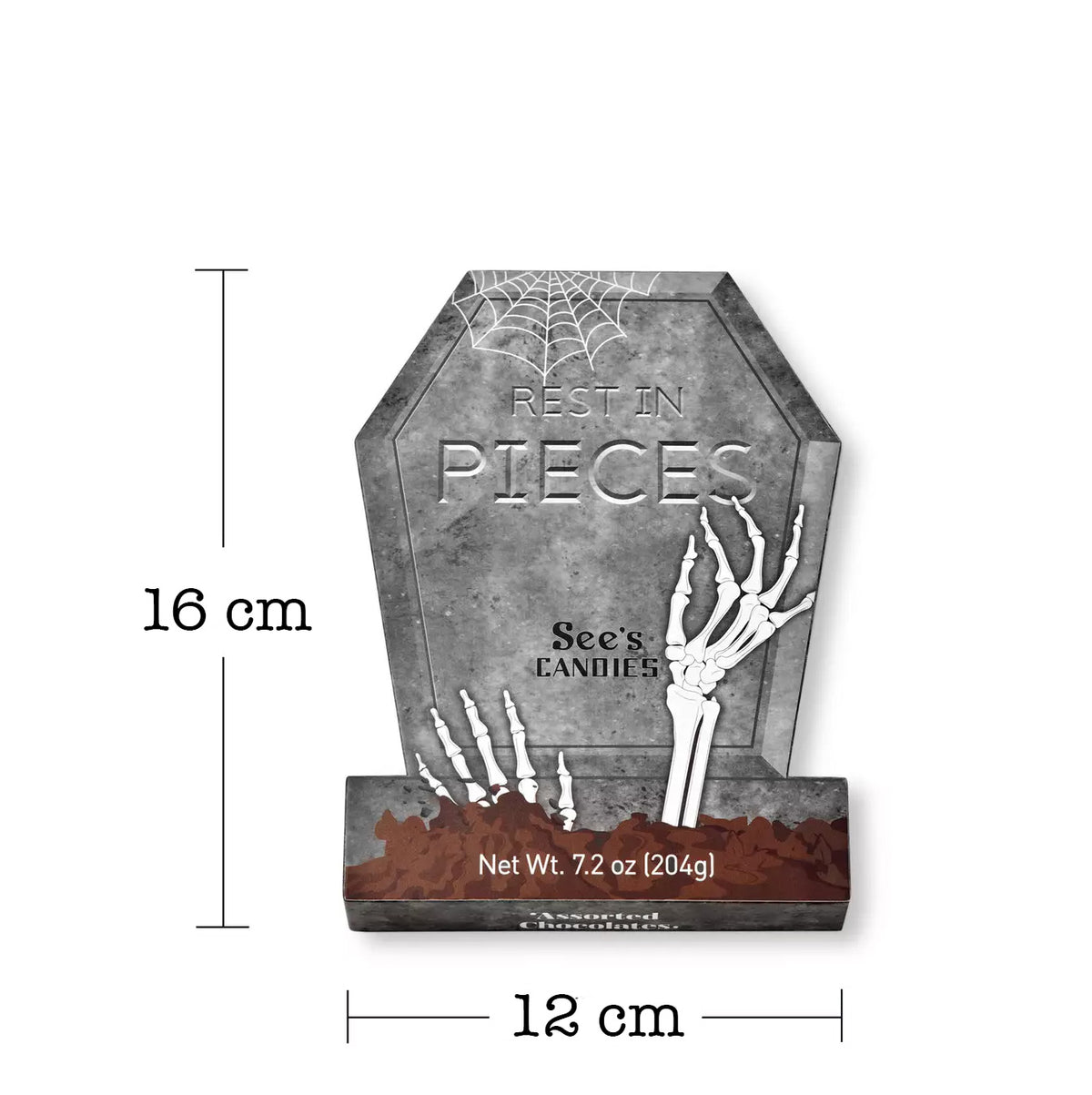 Rest in Pieces See's chocolate box with size measurements on a white background