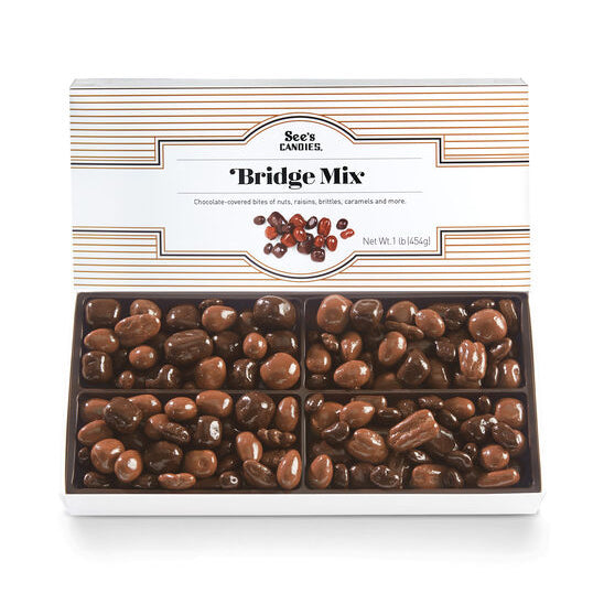 See's open box bridge mix on white background