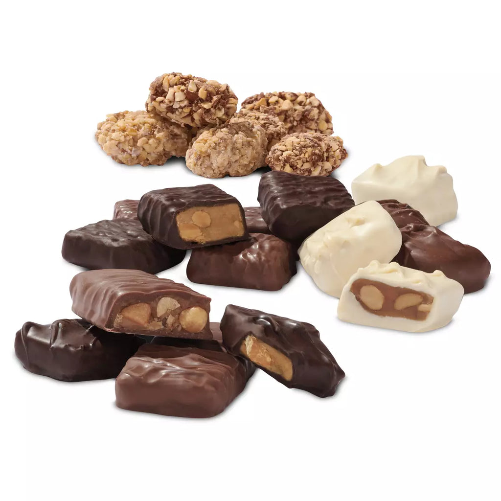 See's brittle and crunch loose pieces on white background