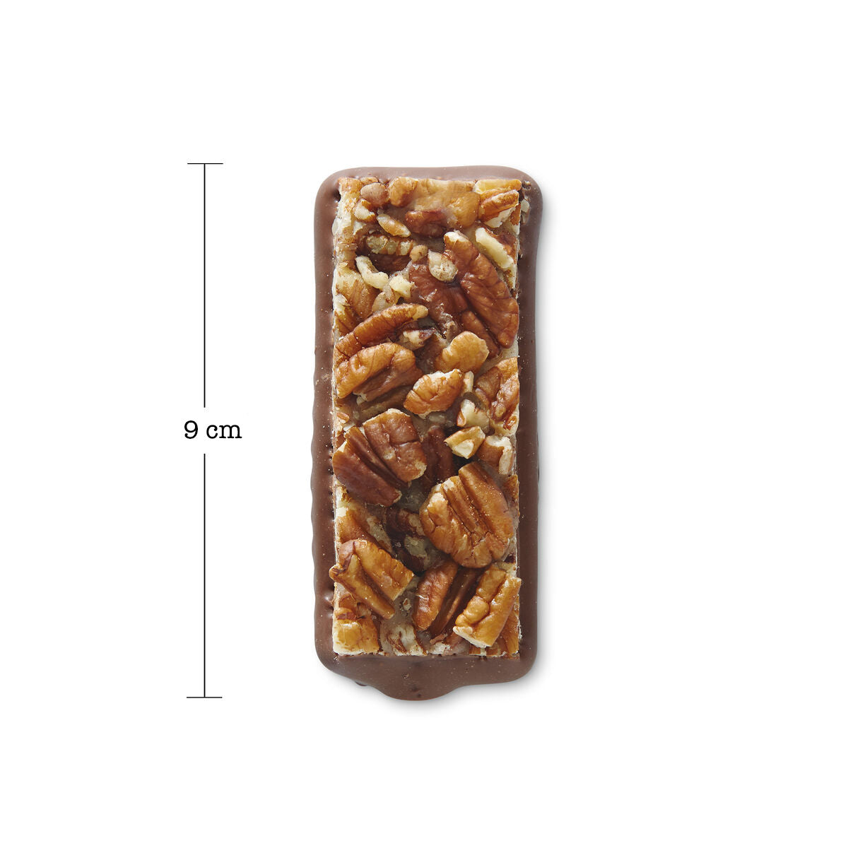 See's butterscotch pecan bar unwrapped measure 9cm on white background