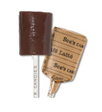 Cafe Latte lollipop with a See's Candies label on a white background