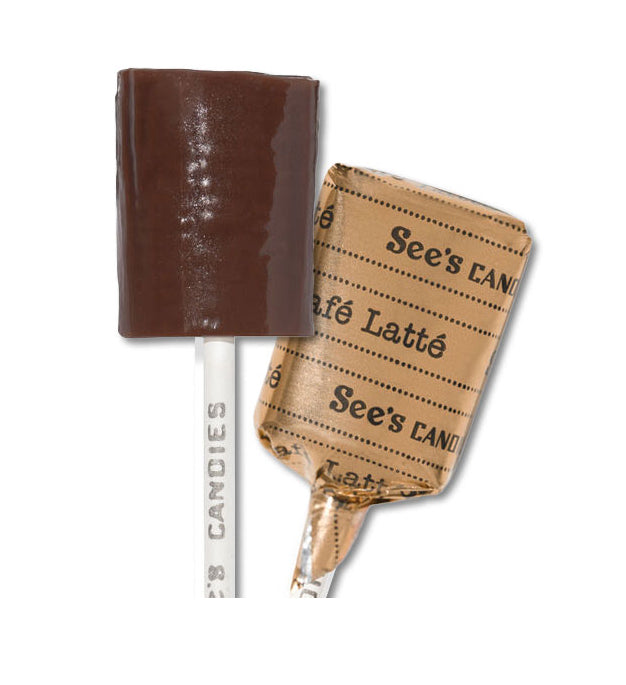 Cafe Latte lollipop with a See's Candies label on a white background
