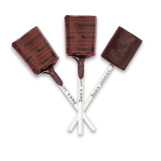 Three chocolate lollipops with visible branding on a white background