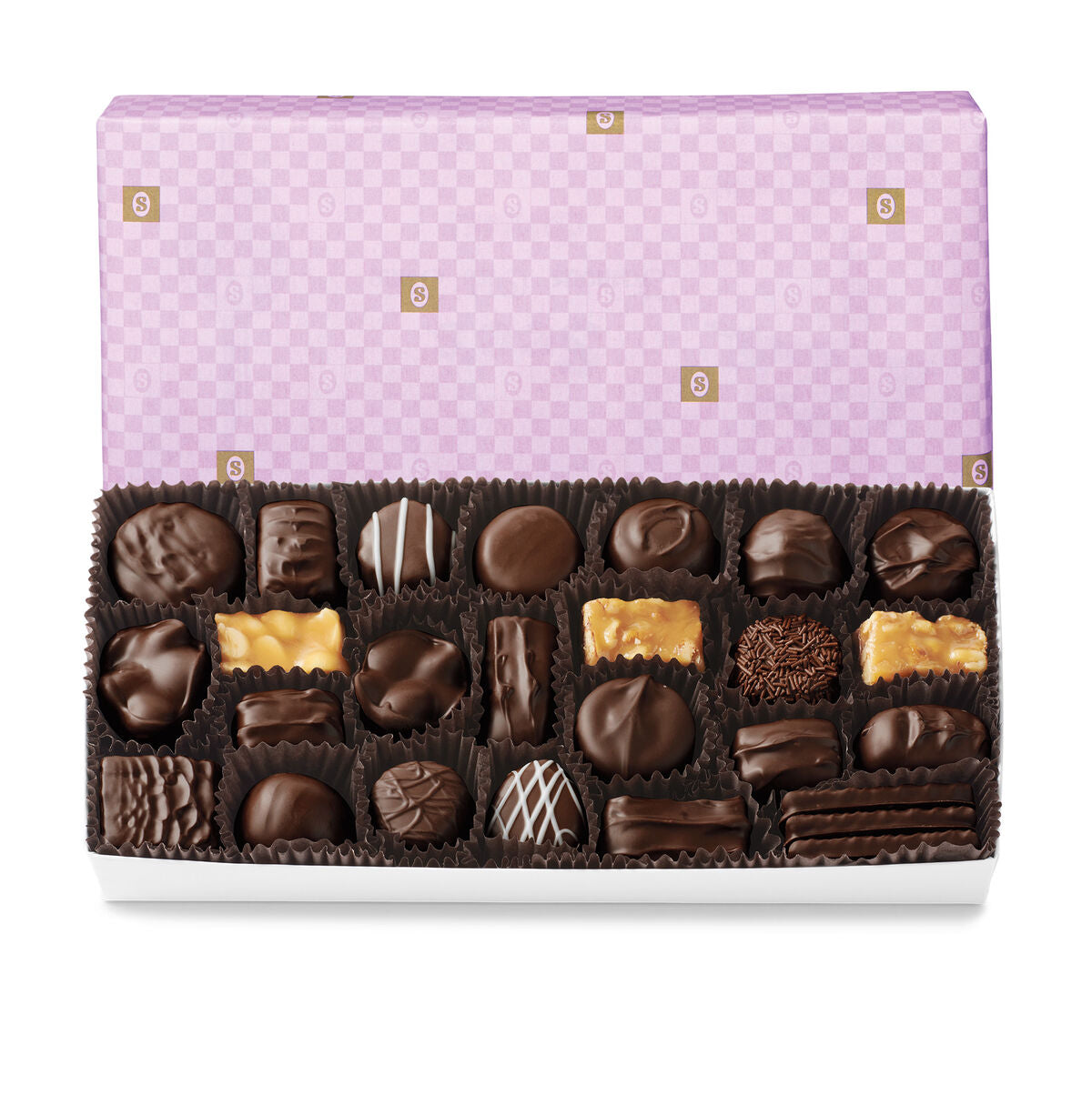 Assorted dark chocolates in a box with a purple checkered lid