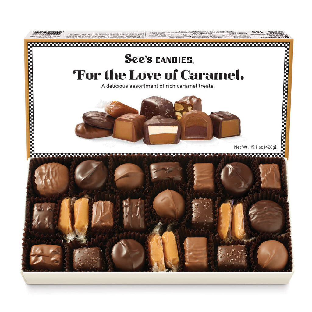 Box of See's Candies 'For the Love of Caramel' chocolate assortment on a white background