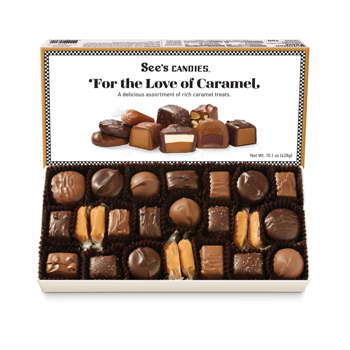 Box of See's Candies 'For the Love of Caramel' chocolate assortment on a white background
