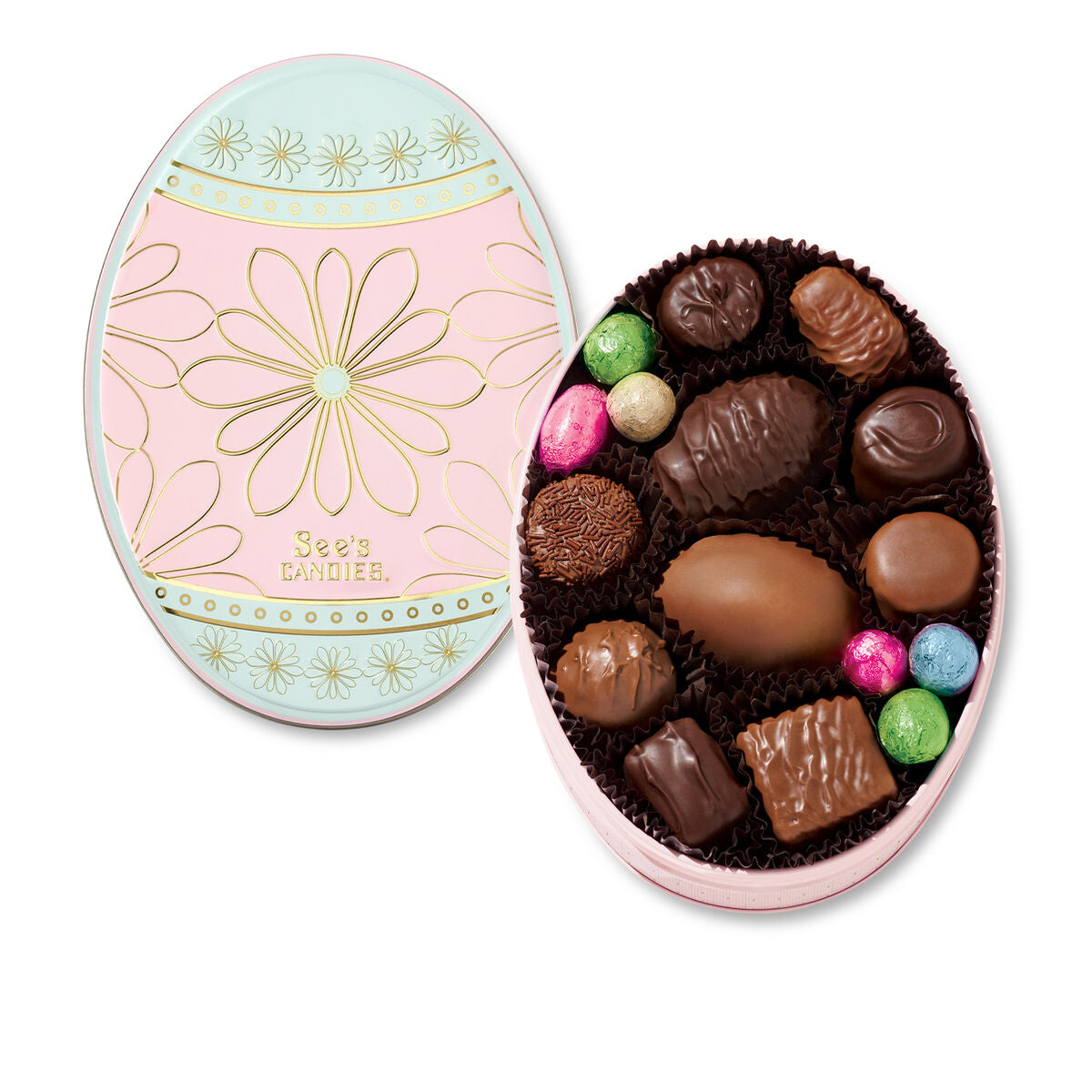 Easter egg-shaped chocolate tin with assorted chocolates on a white background