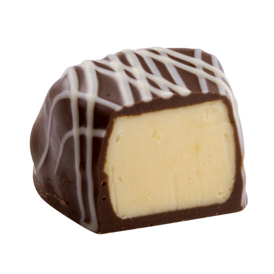 Half See's lemon truffle chocolate on white background