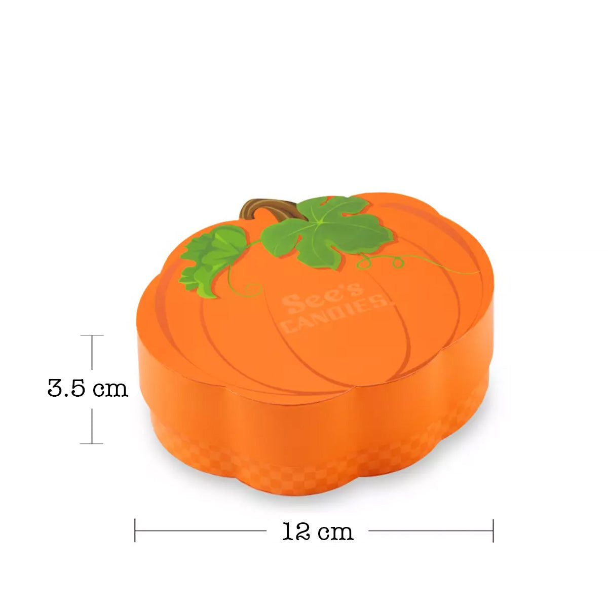 Little pumpkin see's chocolate box with measurements on white background