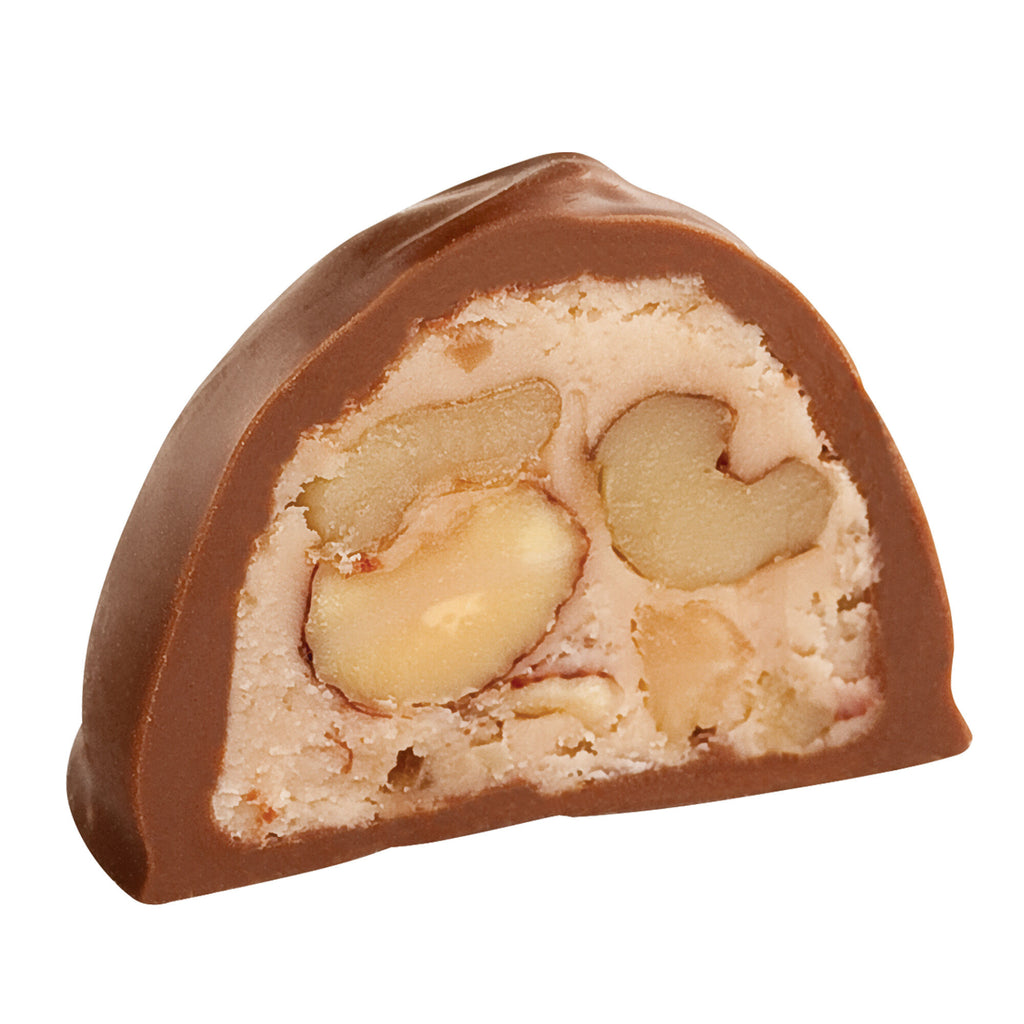 Chocolate-covered beverly chocolate with nuts/pecans on a white background side cut