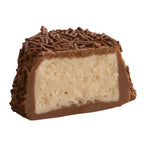 Chocolate-covered milk bourdeax candy bar with a creamy center on a white background