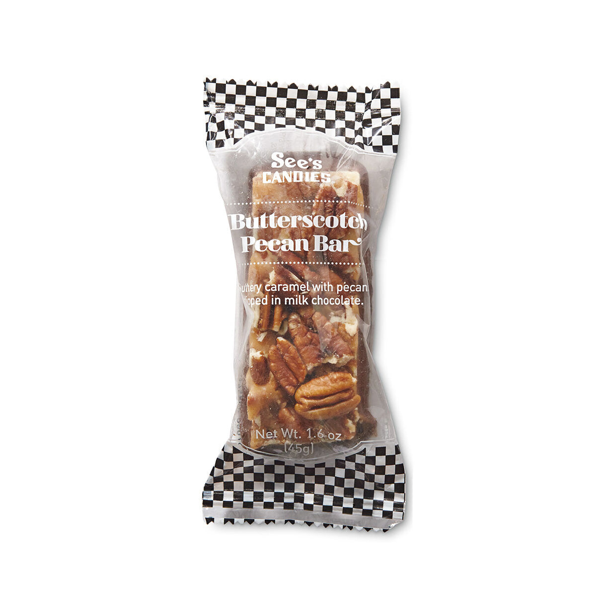 See's Butterscotch Pecan Bar wrapped on white background