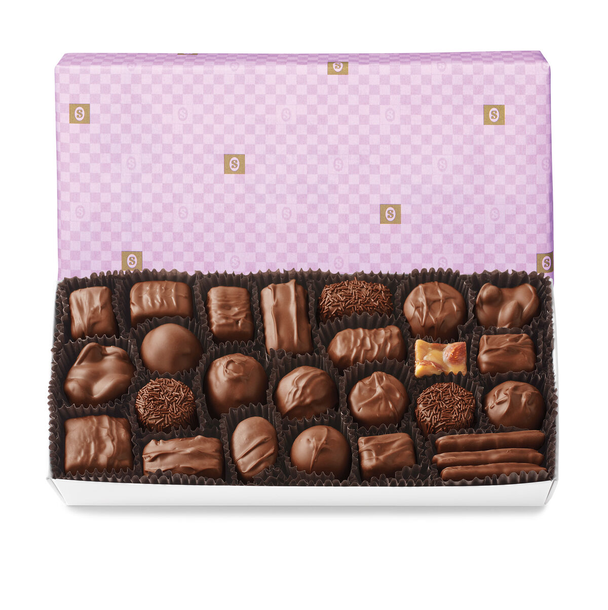 Box of milk chocolates with a purple checkered lid on a white background
