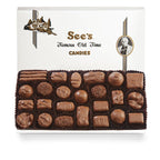 Box of See's Candies assorted milk chocolates on a white background