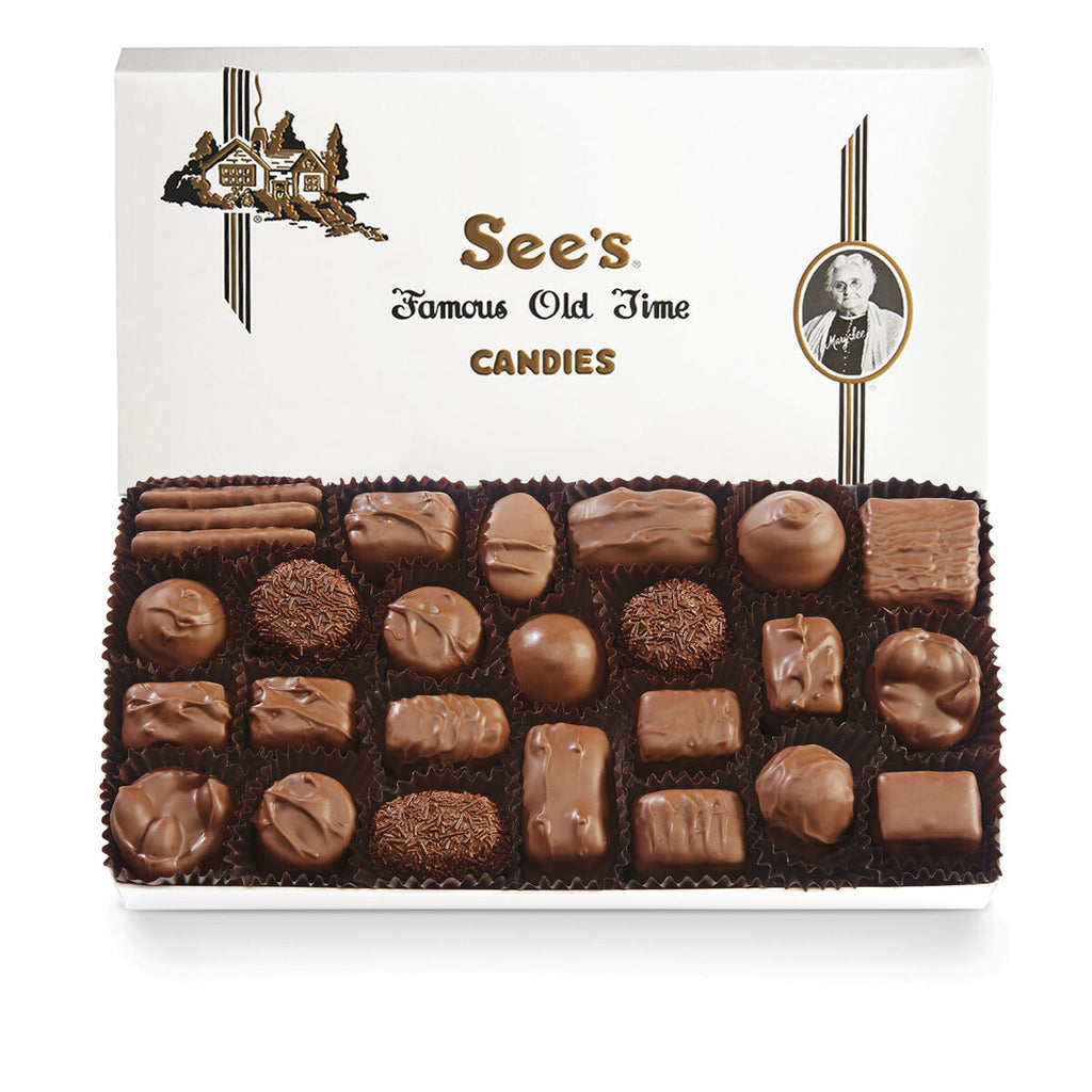 Milk chocolate see's box on white background