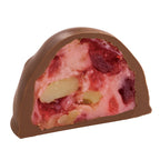 See's milk mayfair chocolate candy with fruit pieces on a white background