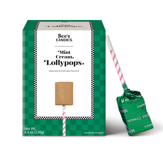 Box of mint cream lollypop with lollypop on white background