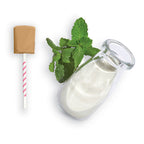 Bottle of white liquid with a wooden dropper, mint leaves, and a straw on a white background