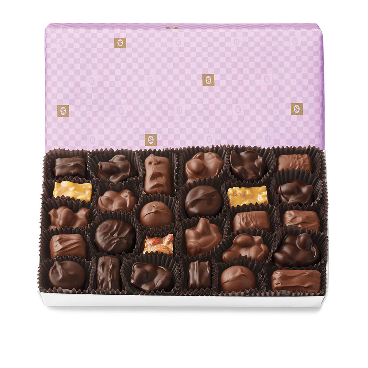 See's Nuts & Chews Lavender wrapped box on white background