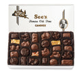 Box of See's Candies with a variety of nuts and chew chocolates on a white background