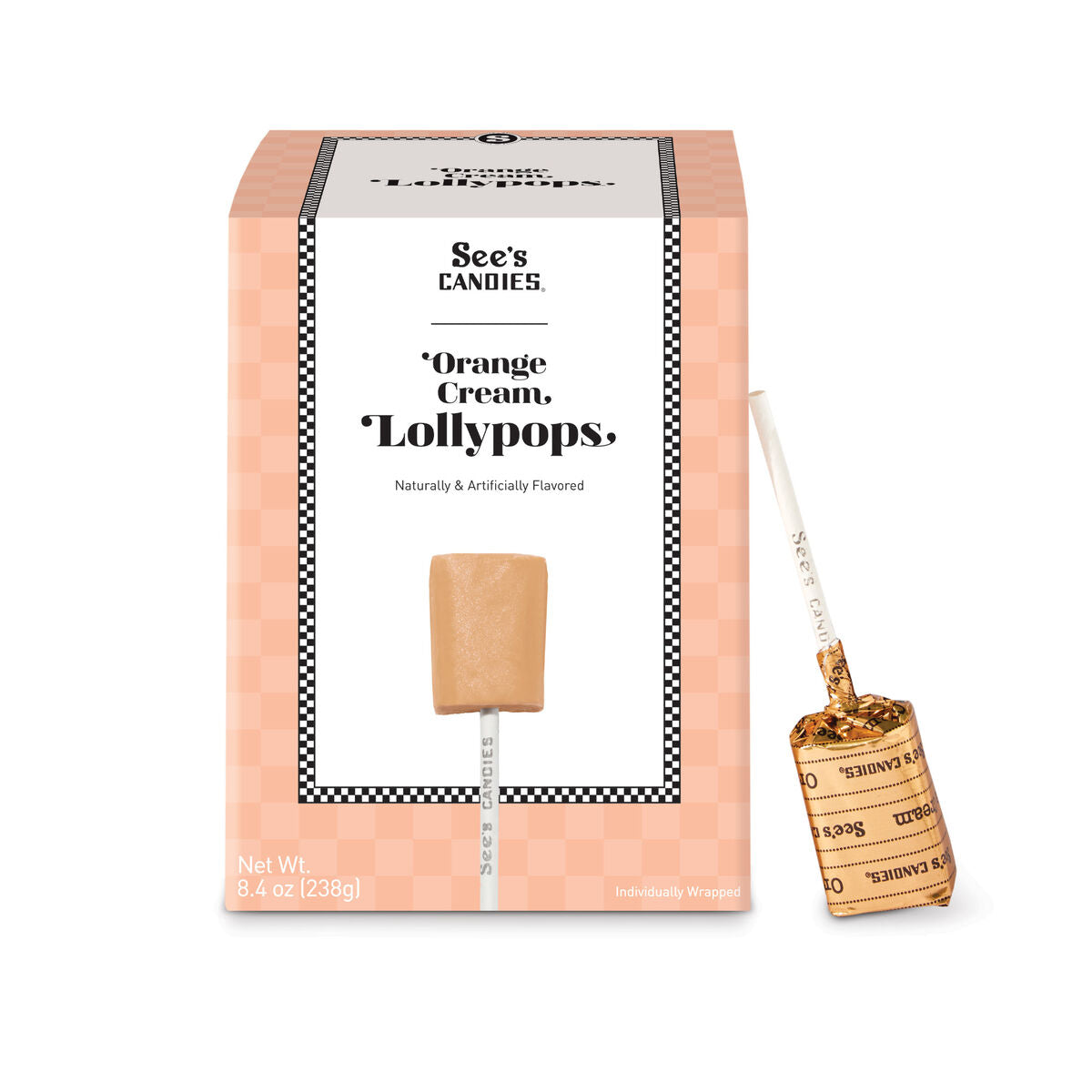 Box of See's Candies Orange Cream Lollypops with a lollipop on a white background