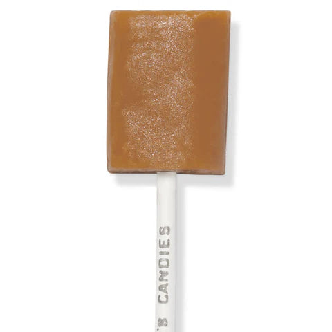 Caramel-colored lollipop on a white stick with 'Candies' branding against a white background