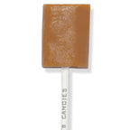 Caramel-colored lollipop on a white stick with 'Candies' branding against a white background