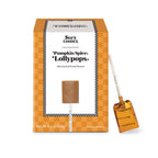 Box of See's Candies Pumpkin Spice Lollypops with a lollipop on a white background