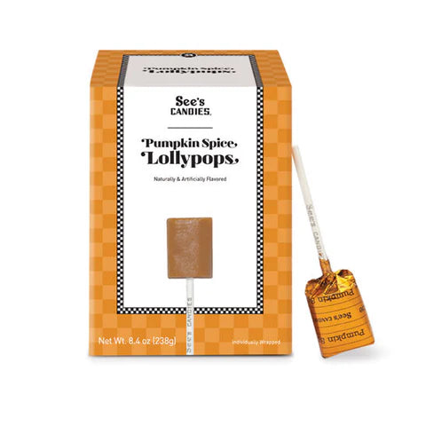 Box of See's Candies Pumpkin Spice Lollypops with a lollipop on a white background