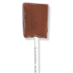 see's root beer lollipop on a white stick with branding.