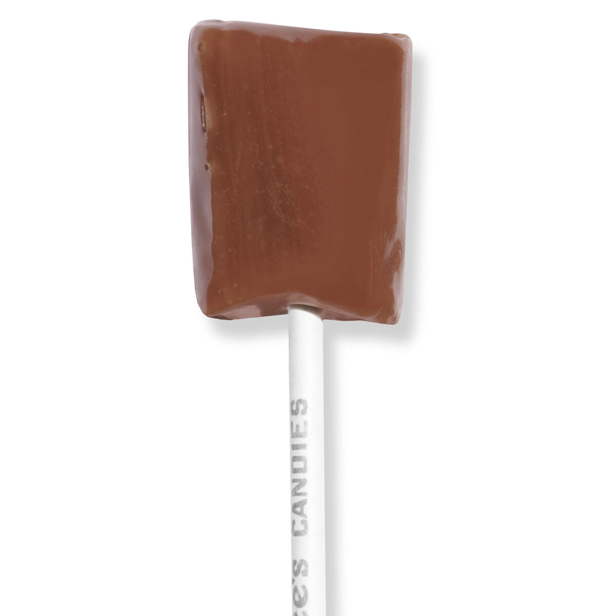 see's root beer lollipop on a white stick with branding.