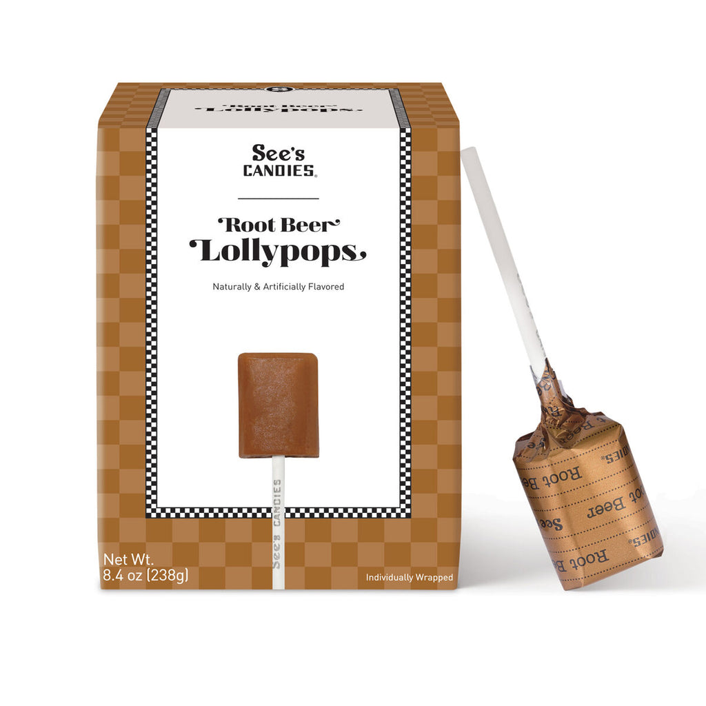 Box of See's Candies Root Beer Lollypops with a lollipop on a white background