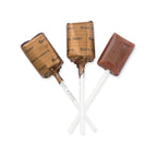 See's root beer lollypop on a white background