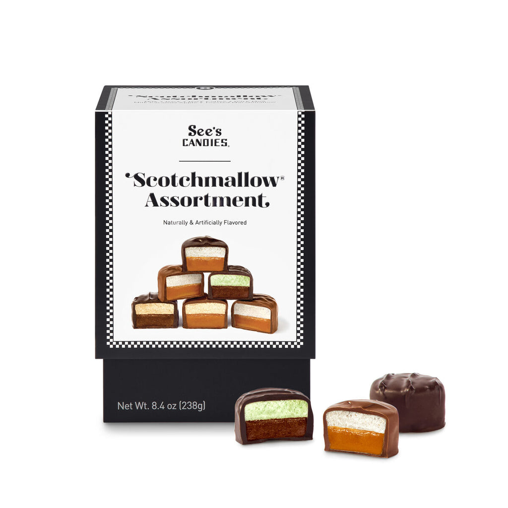 Box of See's Candies Scotchmallow Assortment on a white background