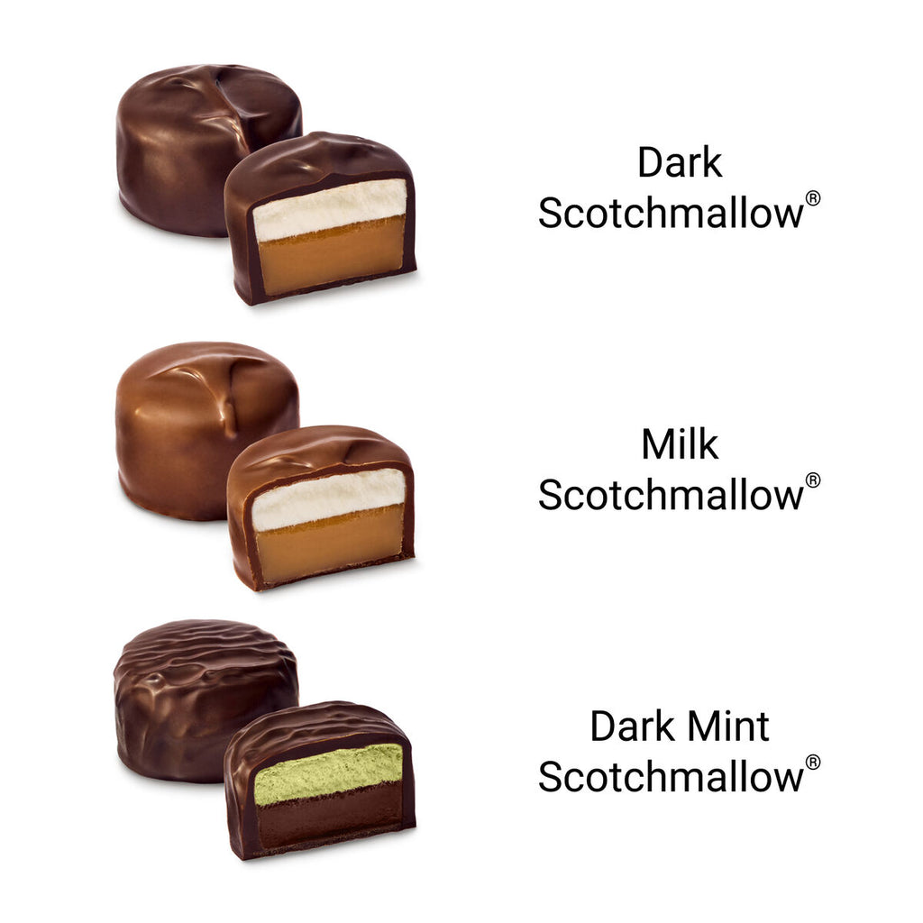 Three types of Scotchmallow chocolates labeled 'Dark', 'Milk', and 'Dark Mint' on a white background.